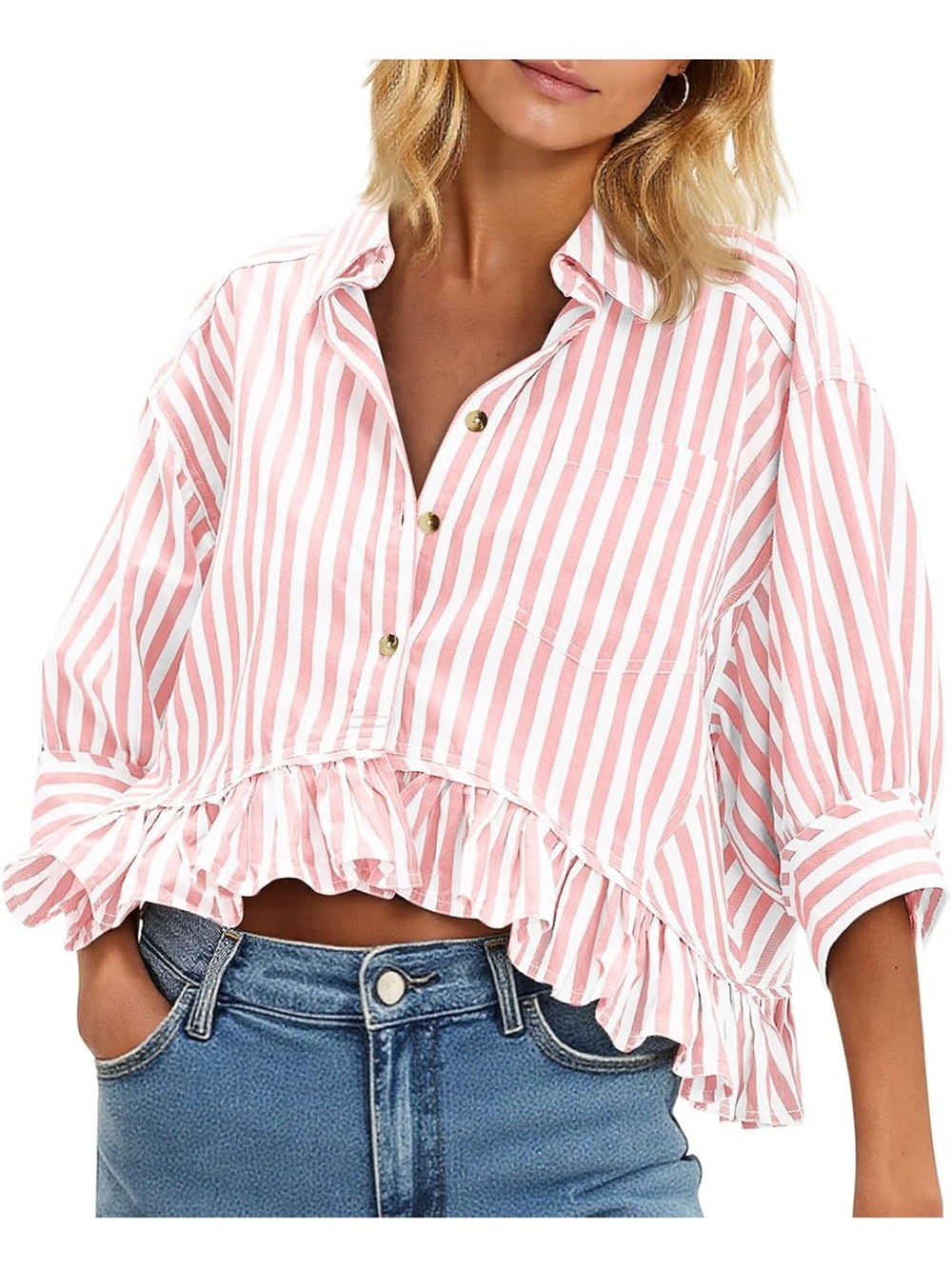 Cicy Bell Cropped PINK Striped Button Down Shirt Ruffle 3/4 Length Top Size XL
